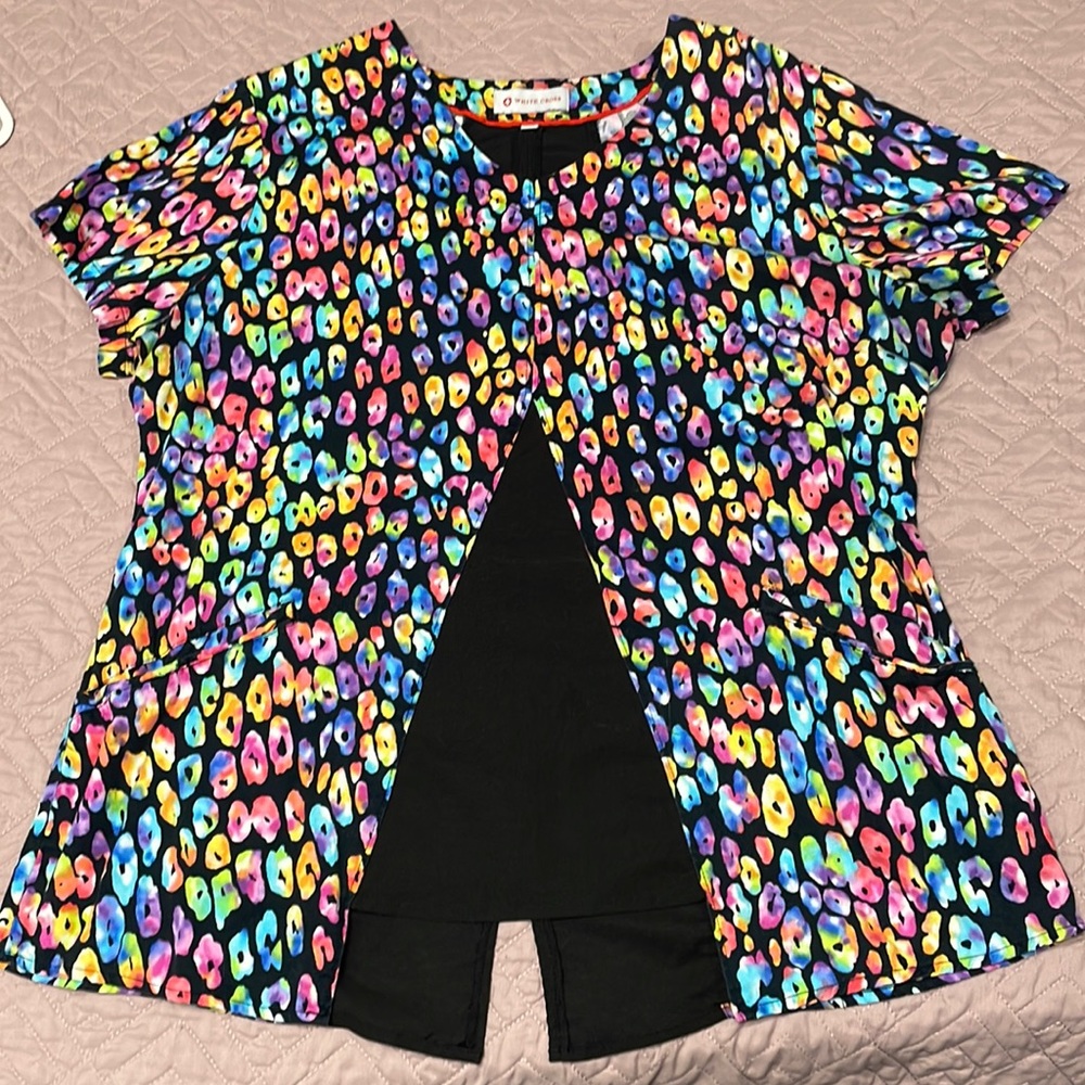 White Cross Scrub Top, Size L, Stretchy Material